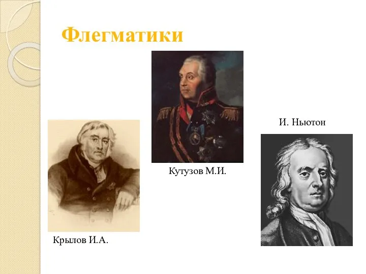 Флегматики Кутузов М.И. Крылов И.А. И. Ньютон