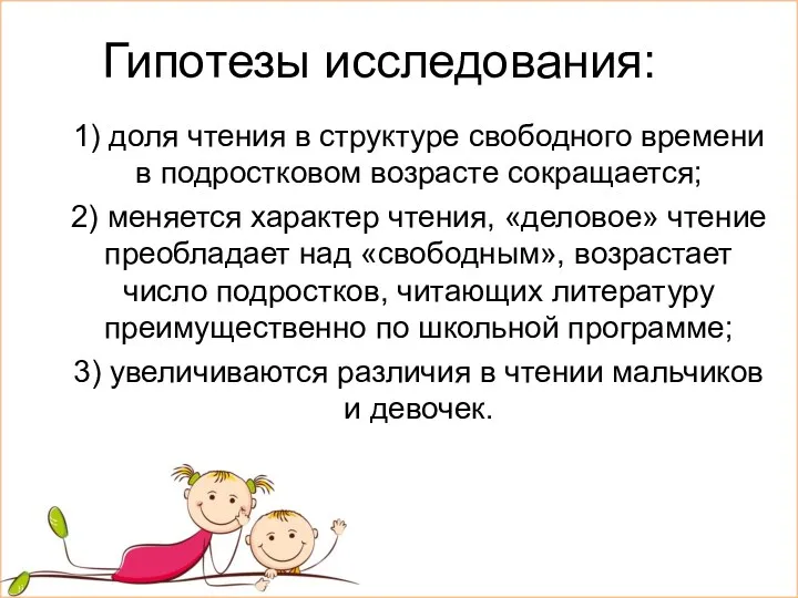 Гипотезы исследования: 1) доля чтения в структуре свободного времени в