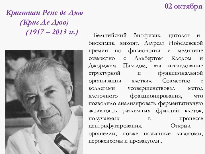 02 октября Бельгийский биофизик, цитолог и биохимик, виконт. Лауреат Нобелевской