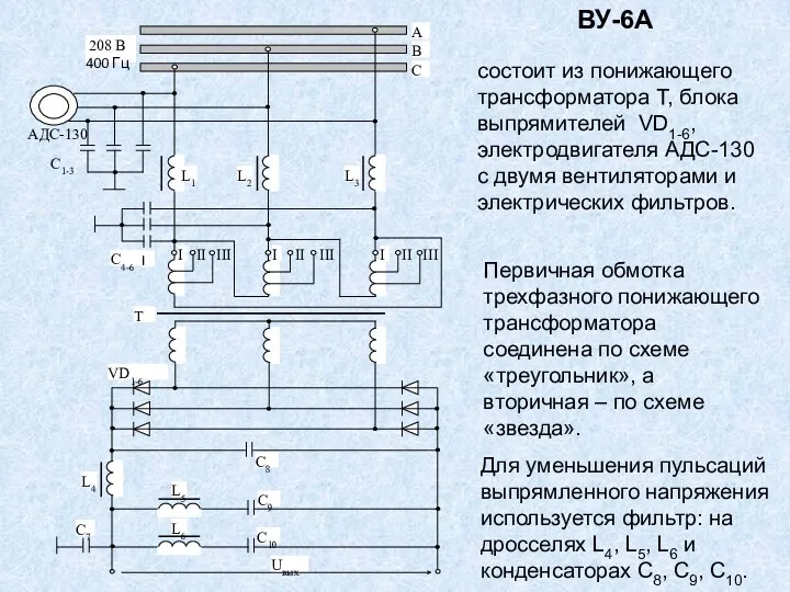 ВУ-6А состоит из понижающего трансформатора Т, блока выпрямителей VD1-6, электродвигателя АДС-130 с двумя