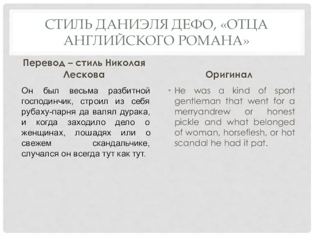 СТИЛЬ ДАНИЭЛЯ ДЕФО, «ОТЦА АНГЛИЙСКОГО РОМАНА» Перевод – стиль Николая