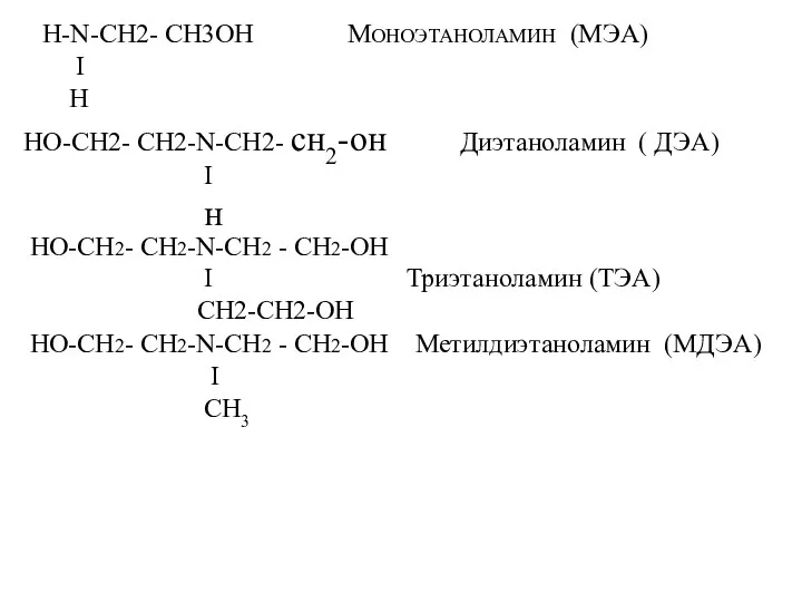 H-N-CH2- СН3ОН МОНОЭТАНОЛАМИН (МЭА) I Н НО-СН2- CH2-N-CH2- сн2-он Диэтаноламин ( ДЭА) I