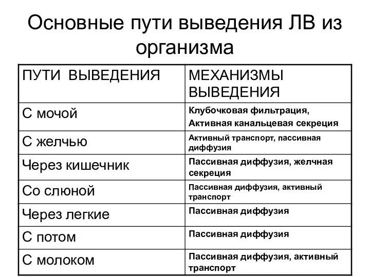 Основные пути выведения ЛВ из организма