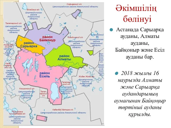 Әкімшілің бөлінуі Астанада Сарыарқа ауданы, Алматы ауданы, Байқоныр және Есіл