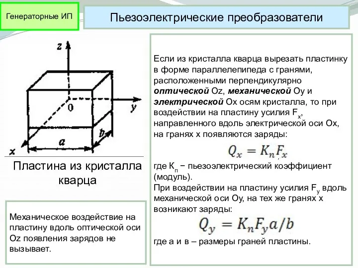 Пьезоэлектрические преобразователи Если из кристалла кварца вырезать пластинку в форме