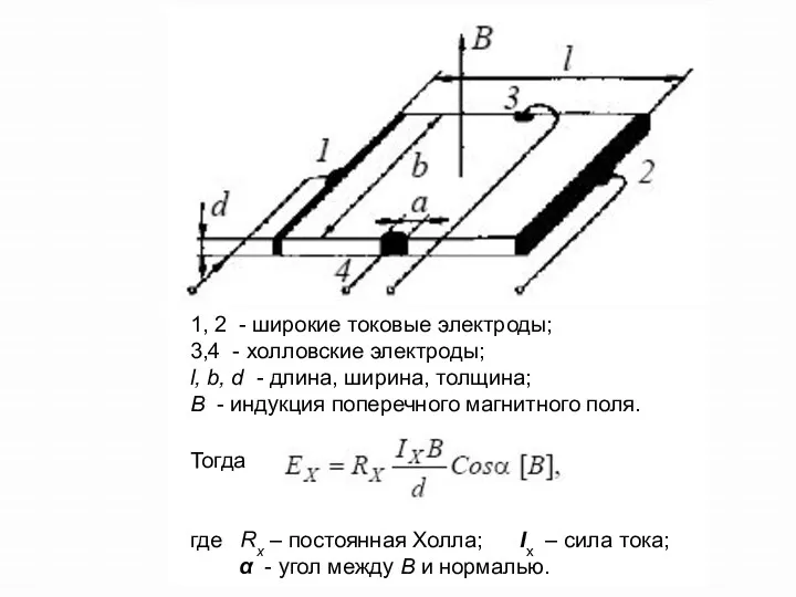 1, 2 - широкие токовые электроды; 3,4 - холловские электроды;