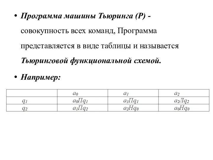 Программа машины Тьюринга (Р) - совокупность всех команд, Программа представляется