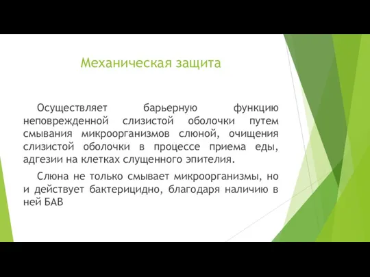 Механическая защита Осуществляет барьерную функцию неповрежденной слизистой оболочки путем смывания