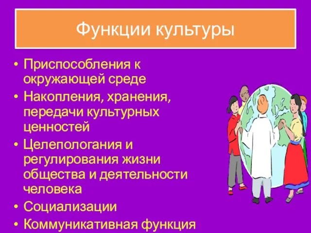 Функции культуры Приспособления к окружающей среде Накопления, хранения,передачи культурных ценностей