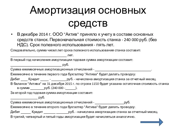 Амортизация основных средств В декабре 2014 г. ООО "Актив" приняло к учету в