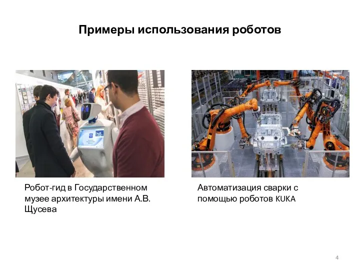 Примеры использования роботов Робот-гид в Государственном музее архитектуры имени А.В. Щусева Автоматизация сварки