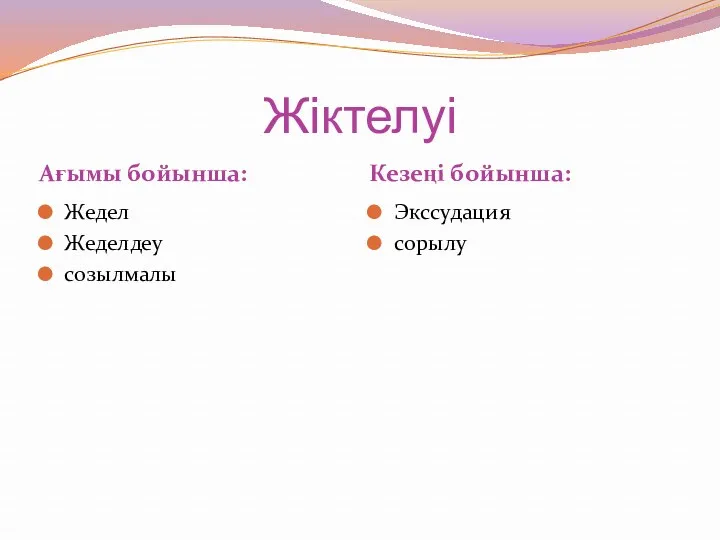 Жіктелуі Ағымы бойынша: Кезеңі бойынша: Жедел Жеделдеу созылмалы Экссудация сорылу