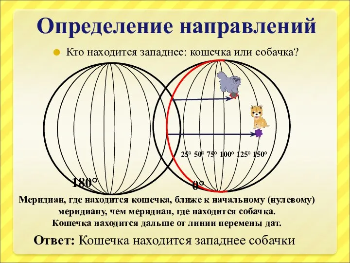 Определение направлений Кто находится западнее: кошечка или собачка? 180° Ответ: