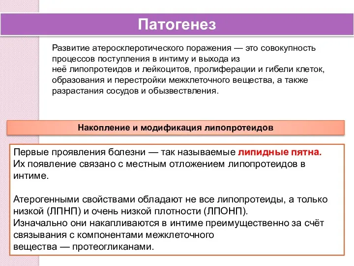 Патогенез Развитие атеросклеротического поражения — это совокупность процессов поступления в