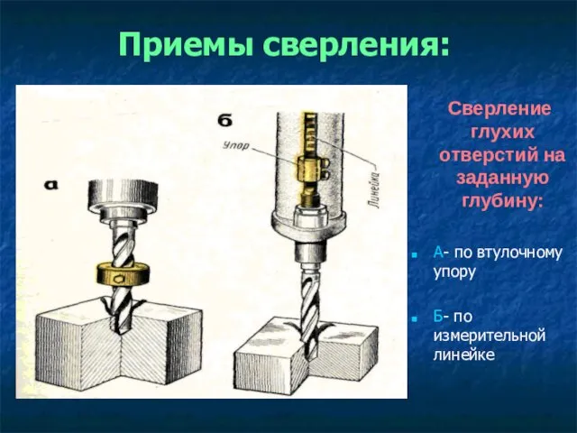 Приемы сверления: Сверление глухих отверстий на заданную глубину: А- по втулочному упору Б- по измерительной линейке