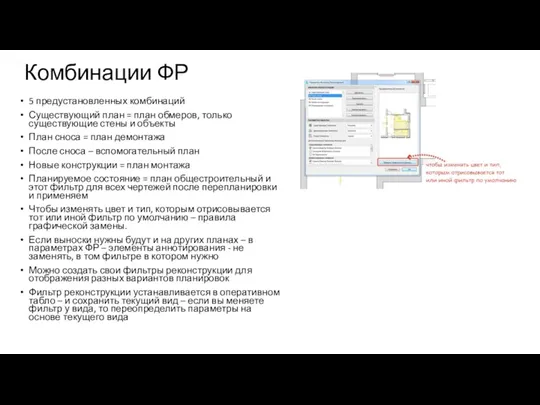 Комбинации ФР 5 предустановленных комбинаций Существующий план = план обмеров,