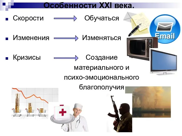 Особенности XXI века. Скорости Изменения Кризисы Обучаться Изменяться Создание материального и психо-эмоционального благополучия