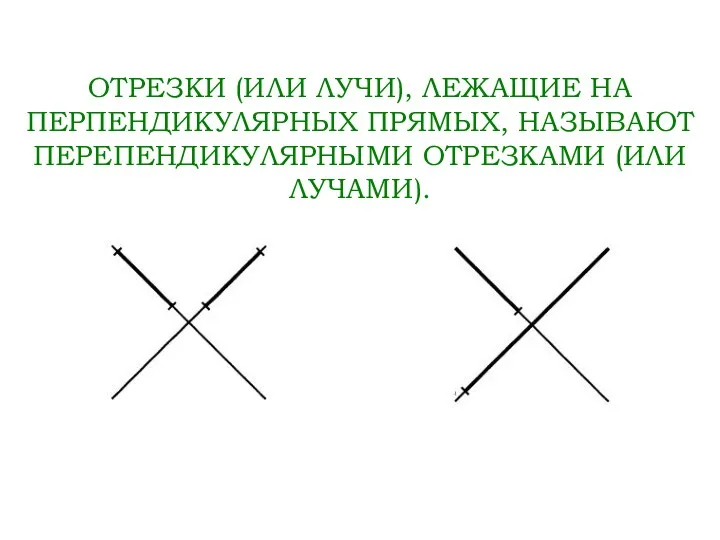 ОТРЕЗКИ (ИЛИ ЛУЧИ), ЛЕЖАЩИЕ НА ПЕРПЕНДИКУЛЯРНЫХ ПРЯМЫХ, НАЗЫВАЮТ ПЕРЕПЕНДИКУЛЯРНЫМИ ОТРЕЗКАМИ (ИЛИ ЛУЧАМИ).