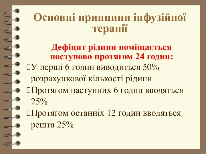 Основні принципи інфузійної терапії Дефіцит рідини поміщається поступово протягом 24