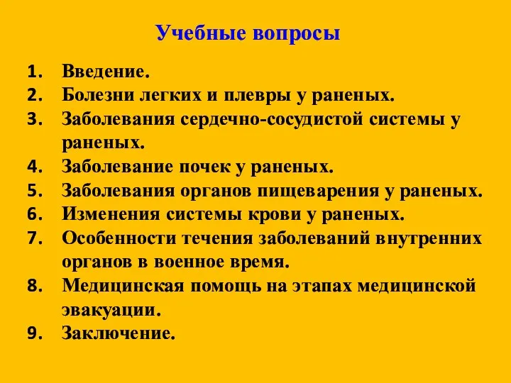 Учебные вопросы Введение. Болезни легких и плевры у раненых. Заболевания