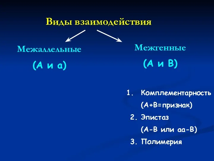 Виды взаимодействия Межаллельные (А и а) Межгенные (А и В)