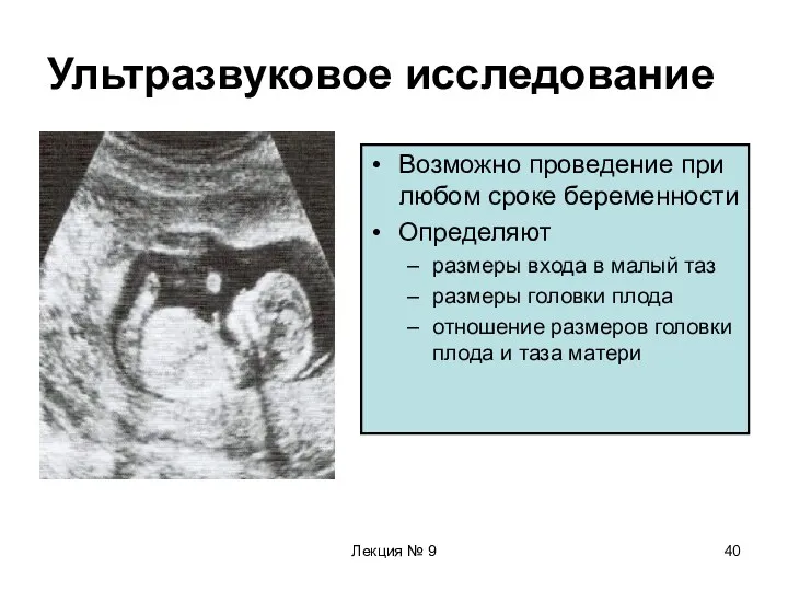 Лекция № 9 Ультразвуковое исследование Возможно проведение при любом сроке беременности Определяют размеры