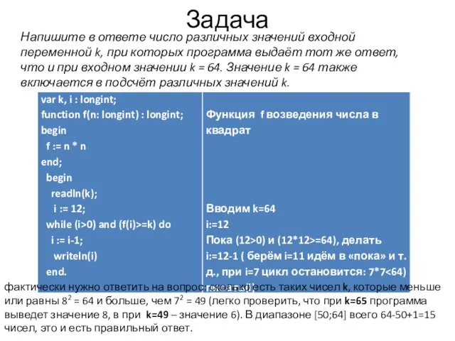 Задача Напишите в ответе число различных значений входной переменной k,