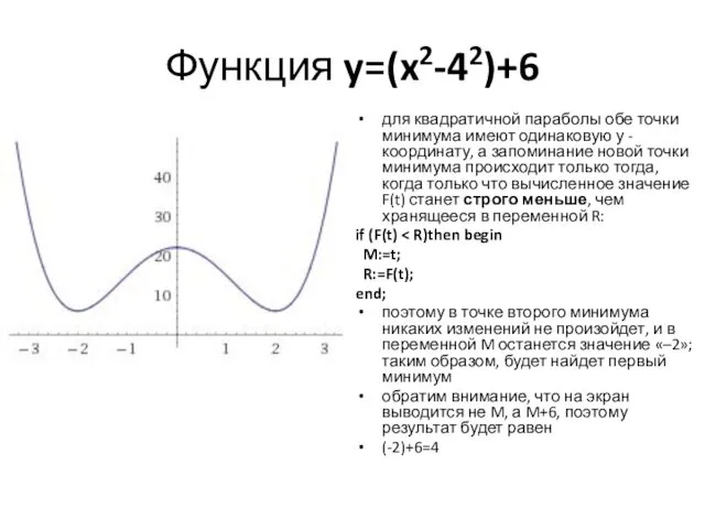 Функция y=(x2-42)+6 для квадратичной параболы обе точки минимума имеют одинаковую