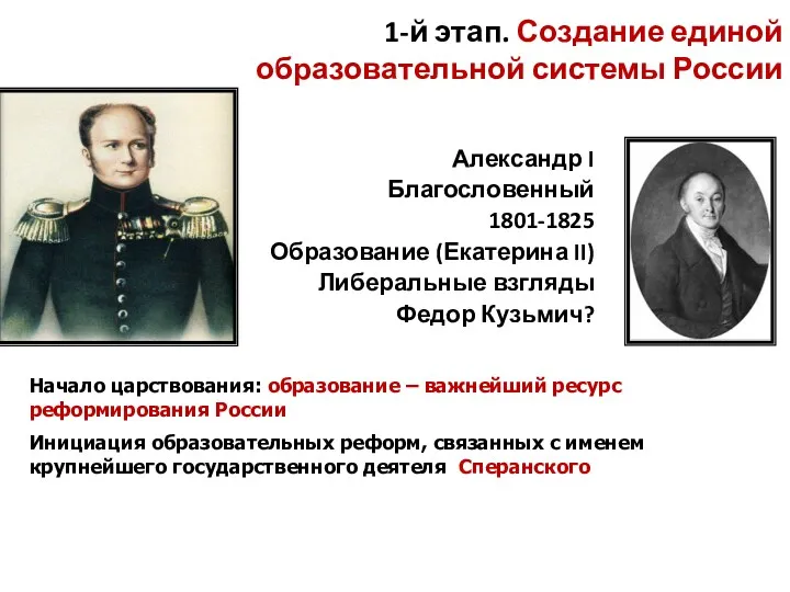 1-й этап. Создание единой образовательной системы России Александр I Благословенный