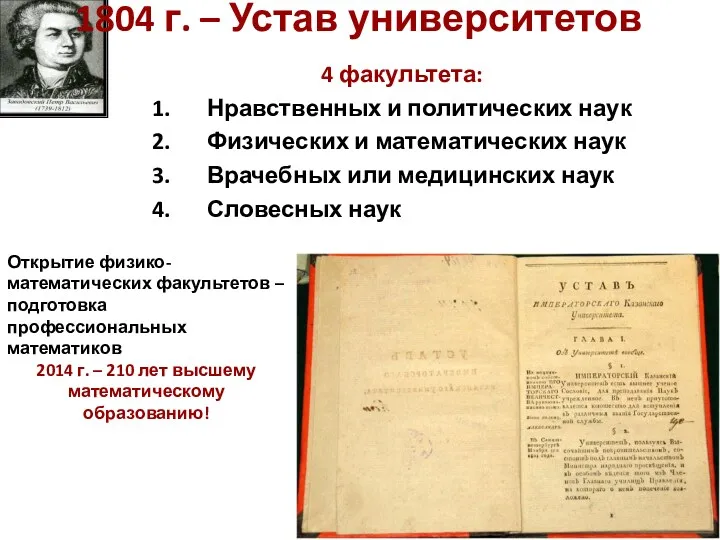 4 факультета: Нравственных и политических наук Физических и математических наук