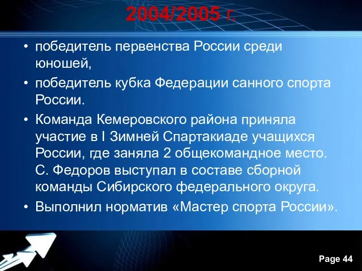 2004/2005 г. победитель первенства России среди юношей, победитель кубка Федерации