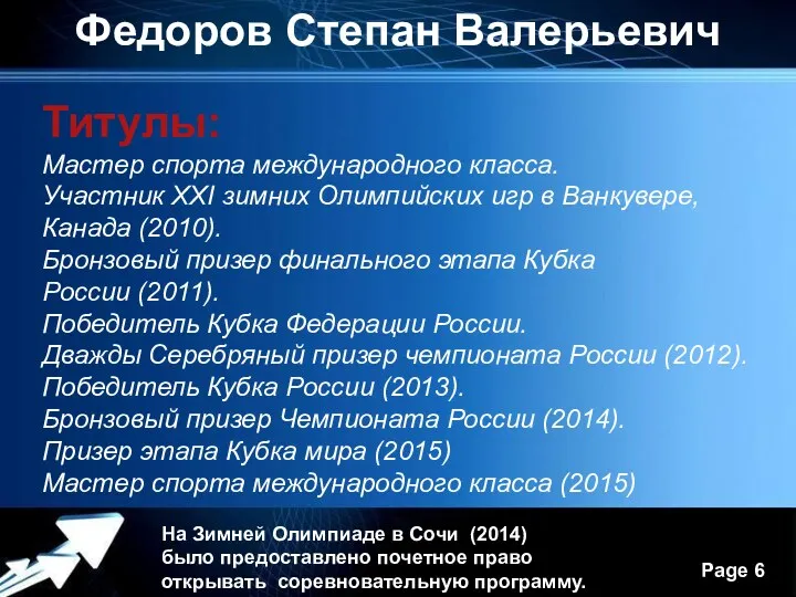 Федоров Степан Валерьевич Титулы: Мастер спорта международного класса. Участник XXI