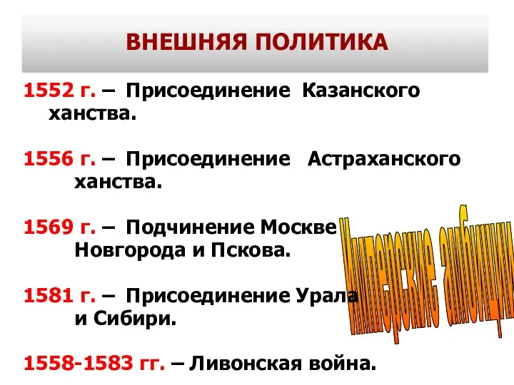 Имперские амбиции ВНЕШНЯЯ ПОЛИТИКА 1552 г. – Присоединение Казанского ханства. 1556 г. –