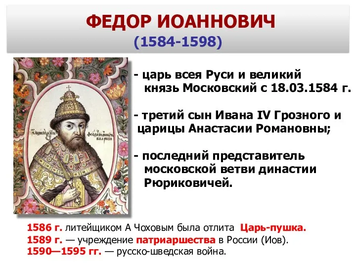 ФЕДОР ИОАННОВИЧ (1584-1598) - царь всея Руси и великий князь Московский с 18.03.1584