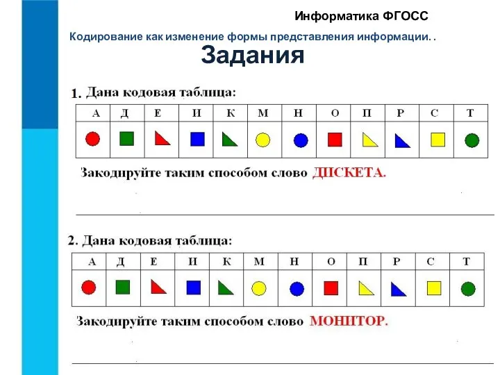 Кодирование как изменение формы представления информации. . Информатика ФГОСС Задания