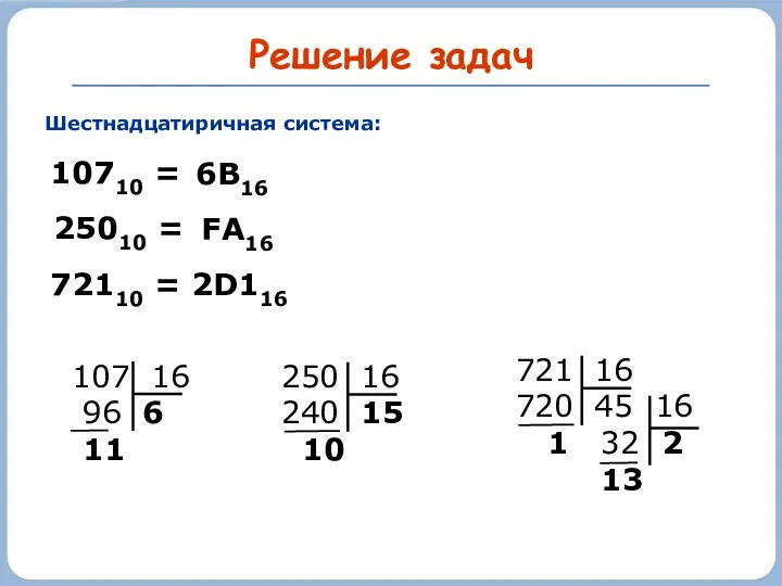 Решение задач Шестнадцатиричная система: 10710 = 250 16 240 15