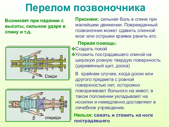 Первая помощь: Создать покой Уложить пострадавшего спиной на широкую ровную