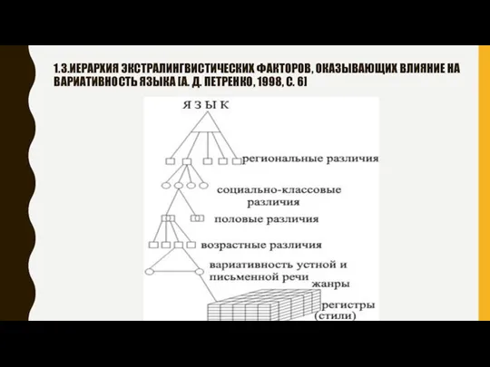 1.3.ИЕРАРХИЯ ЭКСТРАЛИНГВИСТИЧЕСКИХ ФАКТОРОВ, ОКАЗЫВАЮЩИХ ВЛИЯНИЕ НА ВАРИАТИВНОСТЬ ЯЗЫКА [А. Д. ПЕТРЕНКО, 1998, С. 6]