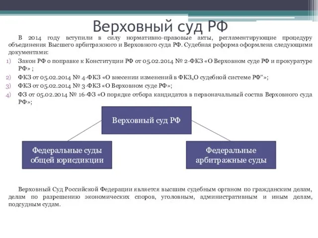 Верховный суд РФ В 2014 году вступили в силу нормативно-правовые