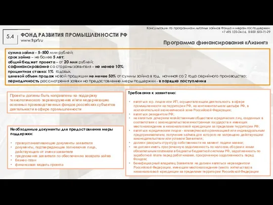 ФОНД РАЗВИТИЯ ПРОМЫШЛЕННОСТИ РФ www.frprf.ru 5.4 Программа финансирования «Лизинг» сумма