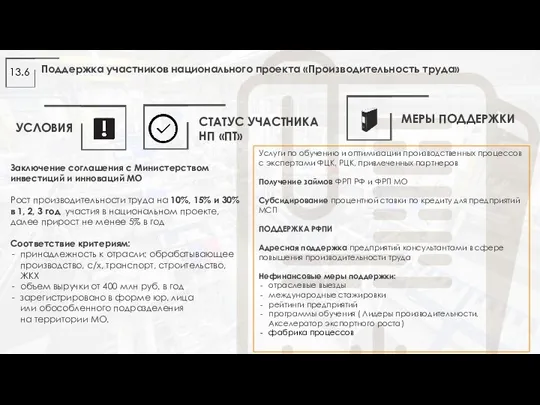 Поддержка участников национального проекта «Производительность труда» Заключение соглашения с Министерством