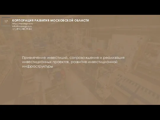 КОРПОРАЦИЯ РАЗВИТИЯ МОСКОВСКОЙ ОБЛАСТИ http://mosregco.ru info@mosregco.ru +7 (495) 280-79-84 17