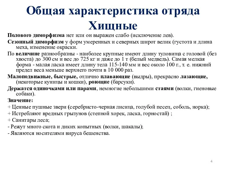 Общая характеристика отряда Хищные Полового диморфизма нет или он выражен слабо (исключение лев).