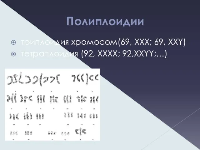 Полиплоидии триплоидия хромосом(69, XXX; 69, XXY) тетраплоидия (92, XXXX; 92,XXYY;…)