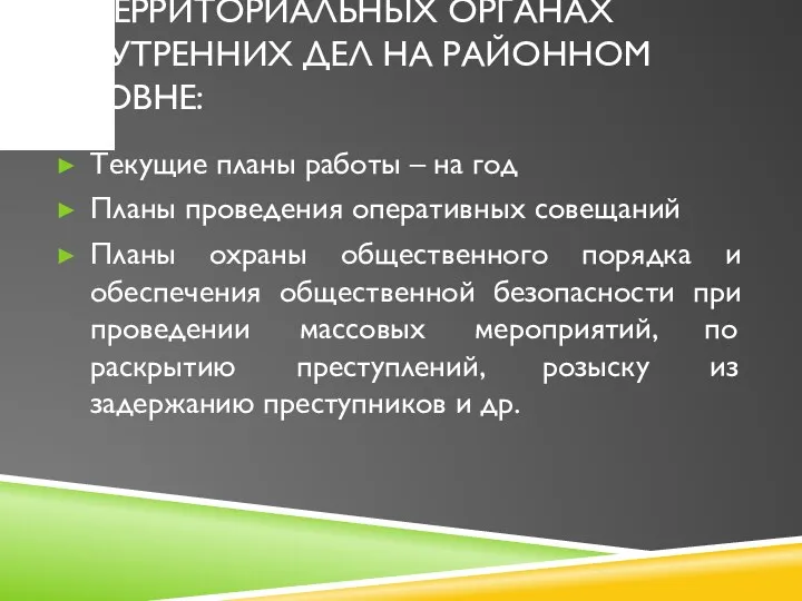 В ТЕРРИТОРИАЛЬНЫХ ОРГАНАХ ВНУТРЕННИХ ДЕЛ НА РАЙОННОМ УРОВНЕ: Текущие планы