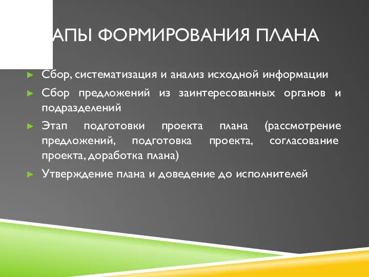 ЭТАПЫ ФОРМИРОВАНИЯ ПЛАНА Сбор, систематизация и анализ исходной информации Сбор