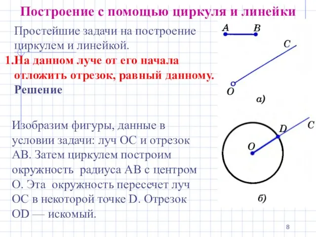 Построение с помощью циркуля и линейки Простейшие задачи на построение циркулем и линейкой.