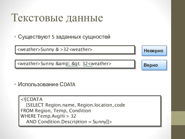 Текстовые данные Существуют 5 заданных сущностей Использование СDATA Sunny &