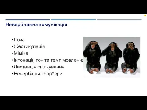 Невербальна комунікація Поза Жестикуляція Міміка Інтонації, тон та темп мовлення Дистанція спілкування Невербальні бар*єри