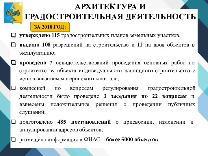 АРХИТЕКТУРА И ГРАДОСТРОИТЕЛЬНАЯ ДЕЯТЕЛЬНОСТЬ -; -); - утверждено 115 градостроительных